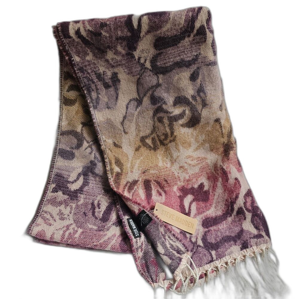 Steve Madden Floral Fringe Jacquard Blanket Scarf Purple Cream Berry NWT